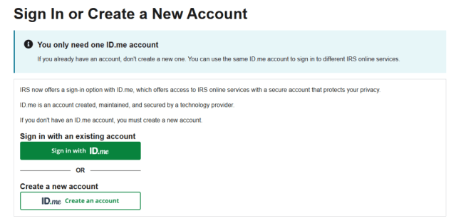 Image from ID.me account prompting user to sign in or create a new account