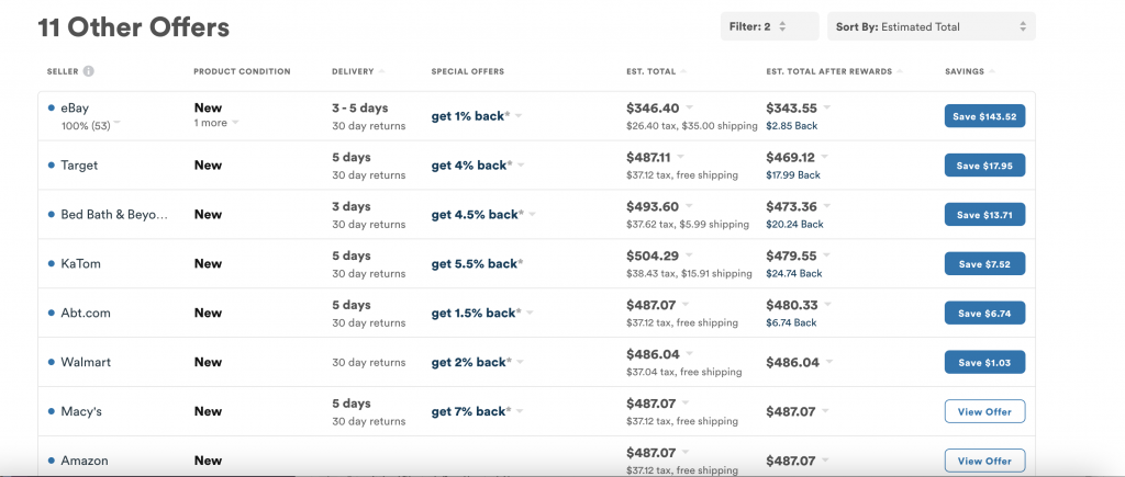 Screenshot of price comparison feature on Capital One Shopping
