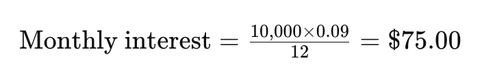 Monthly interest = 10,000 times 0.09, divided by 12, equals $75