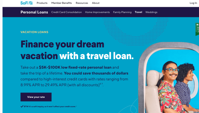 Image from SoFi's website advertising travel loans