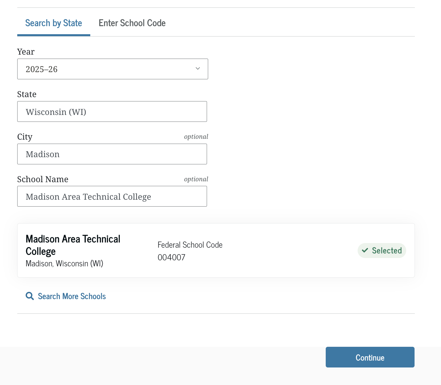 Federal Student Aid School Search Tool screen 1