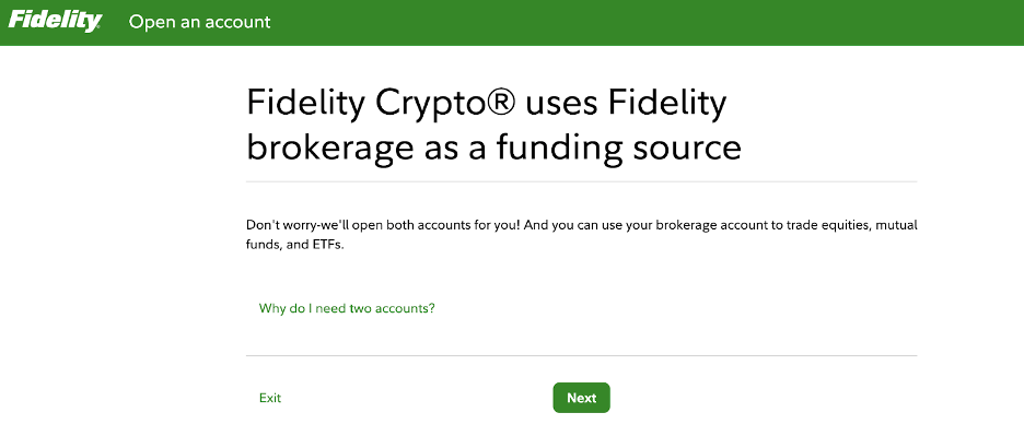 Open an account screen on Fidelity