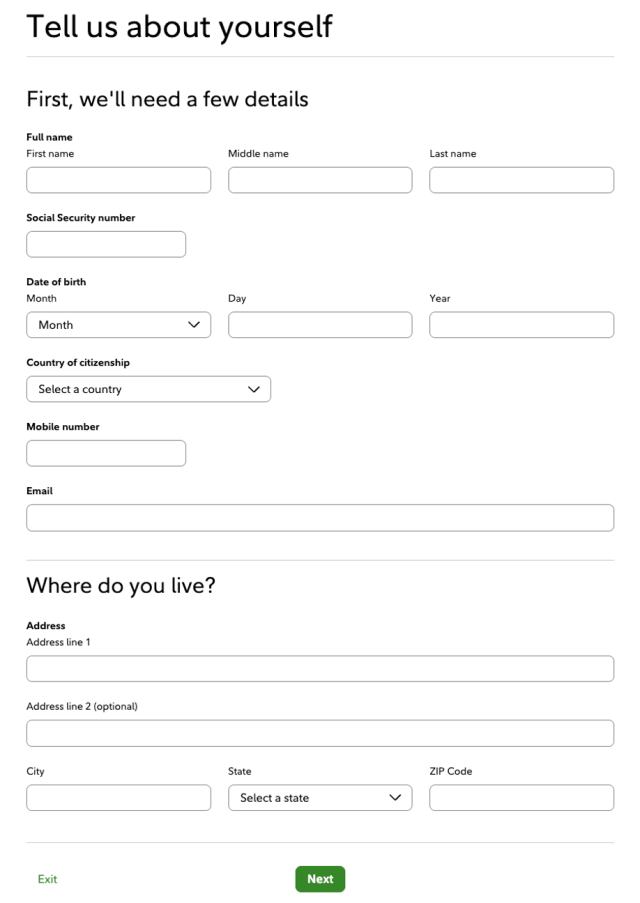 Tell us about yourself screen on Fidelity