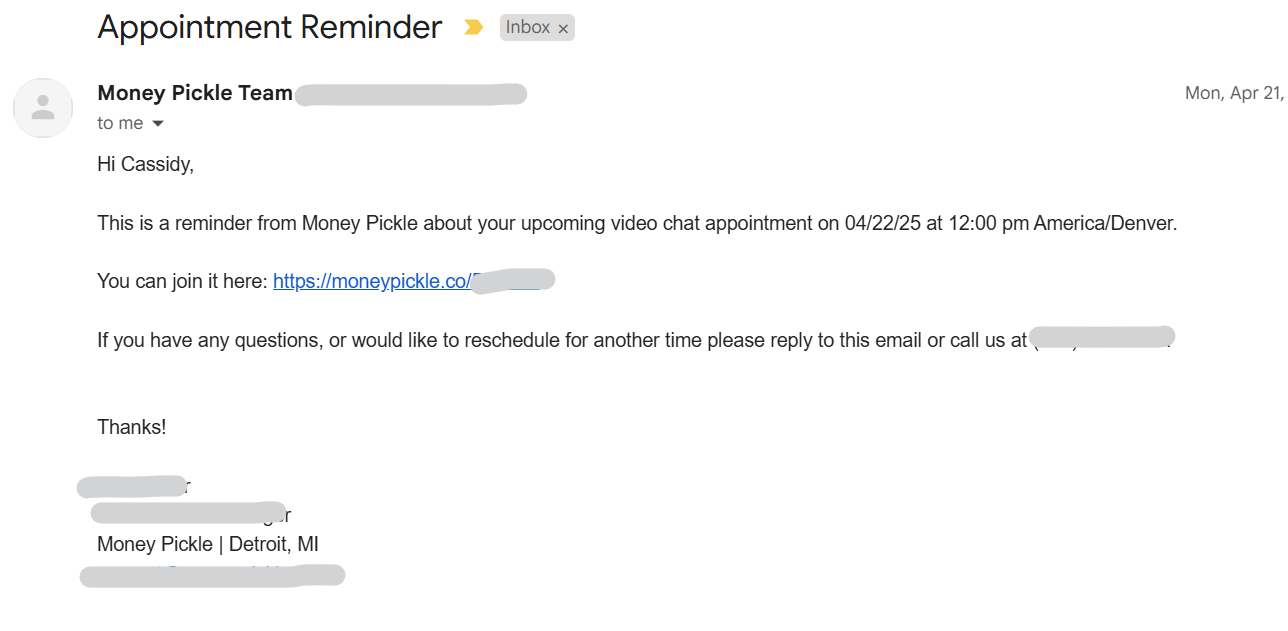 MoneyPickle appointment reminder