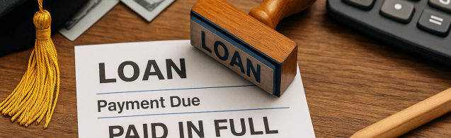 Loan payment "paid in full" on a piece of paper with a graduation cap beside it