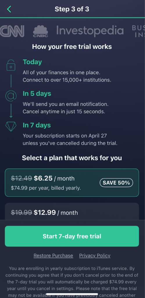 Pocket Guard free trial information