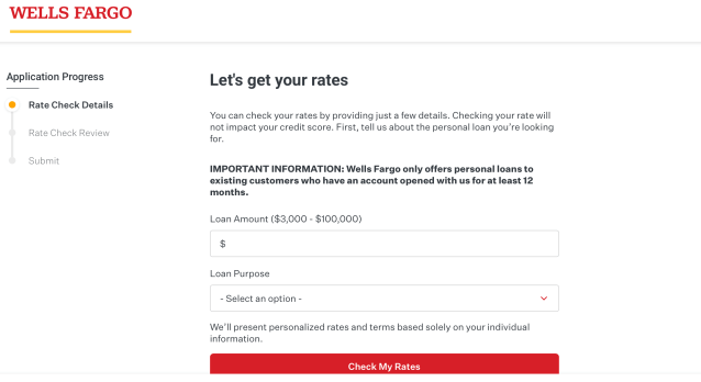 Wells Fargo message advising that its loans are only available to customers of 12 months or more and advising "Let's get your rates"