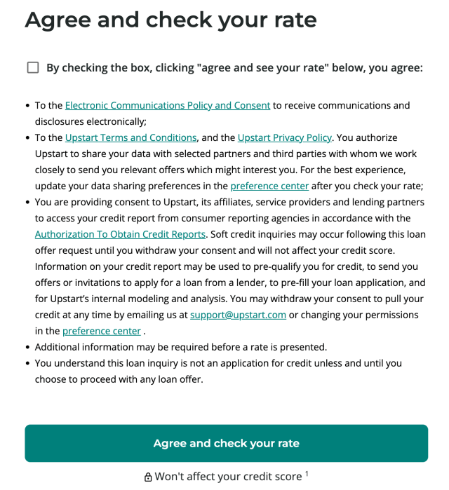 Upstart "Agree and check your rate" terms and conditions
