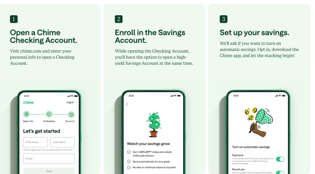 App features: 1, Open a Chime Checking Account. 2, Enroll in the Savings Account. 3, Set up your savings.