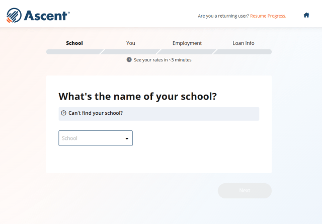 Ascent application page - "What's the name of your school?"