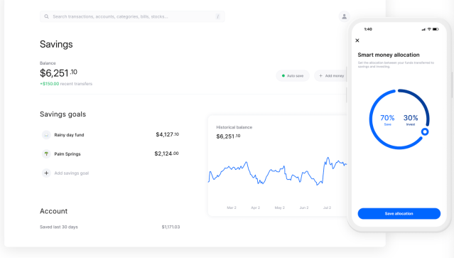Display of two savings goals (rainy day fund and Palm Springs) and the user's progress toward each, as well as the total savings of $6,251.10, along with Smary money allocation and graphs.