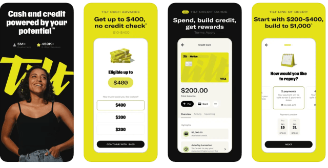 App features: Cash and credit powered by your potential, get up to $400, no credit check; Spend, build credit, get rewards; Start with $200-$400, build to $1,000