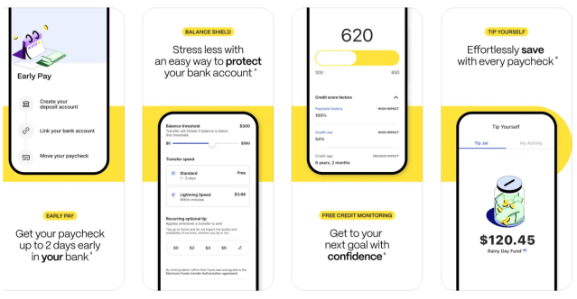 App features Early Pay, Balance Shield, Free Credit Monitoring, Tip Yourself