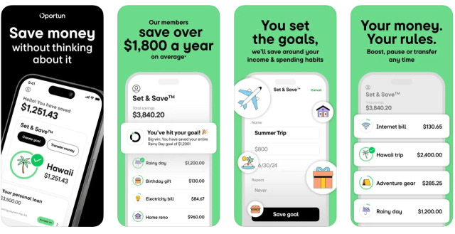 App features: Save money without thinking about it; our members save over $1,800 a year on average; you set the goals, we'll save around your income & spending habits; your money, your rules.
