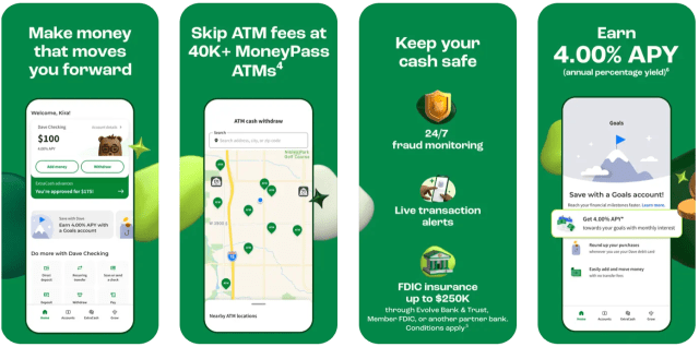 App features: Make money that moves you forward; skip ATM fees at 40K+ MoneyPass ATMs; Keep your cash safe; Earn 4.00% APY