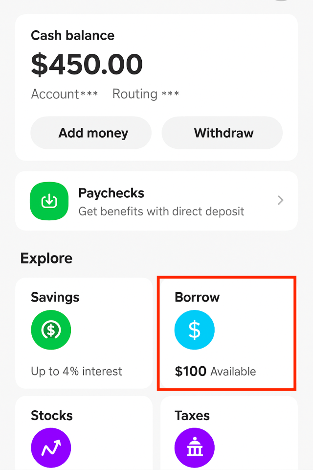 Cash App shows "Borrow" option under "Explore" menu