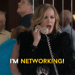 Catherine O'Hara in Schitt’s Creek shouting on phone, 'I'm networking!'