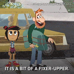 GIF from animated series of a man telling a child, 'It is a bit of a fixer upper,' and a shutter falling off the house.
