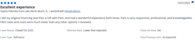 Five-star Zillow review from a borrower in Lake Worth Beach, FL, who refinanced their Filo mortgage with Filo and says they "had a wonderful experience both times."