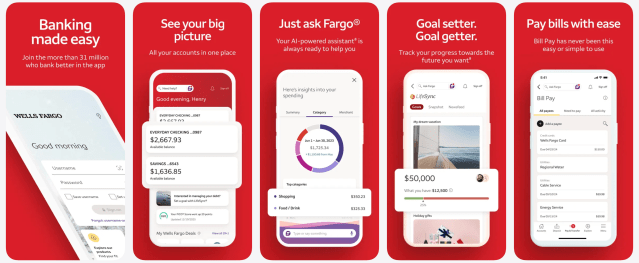 Screenshots of the Wells Fargo mobile banking app showing account balances, bill pay, budgeting tools, goal tracking, and the Ask Fargo virtual assistant.