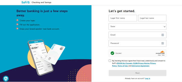 SoFi checking and savings account signup screen showing the online application form and mobile banking app.