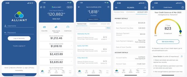 Screenshots of the Alliant mobile banking app showing account balances, transaction history, and credit score monitoring.