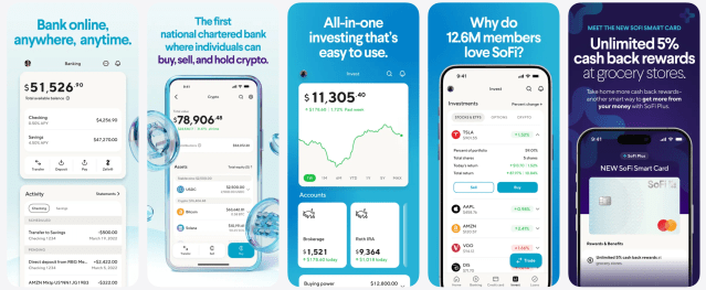 Screenshots of the SoFi mobile banking app showing account balances, transfers, and budgeting features