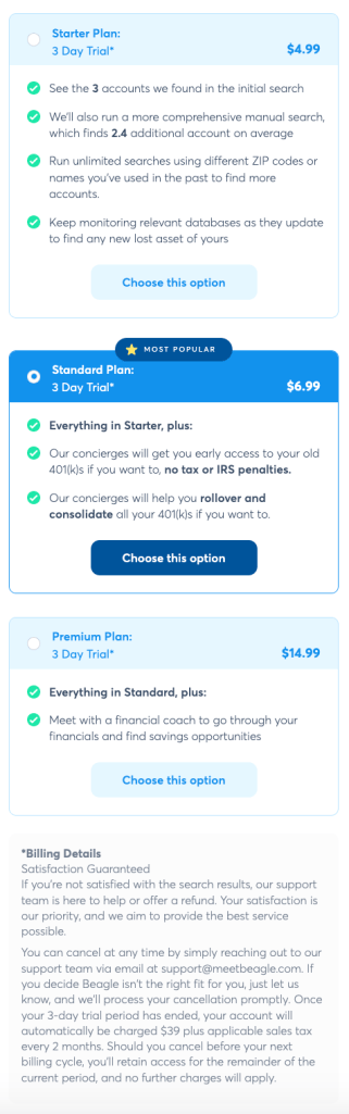 Beagle subscription pricing plans showing Starter, Standard, and Premium options with monthly costs and included features.